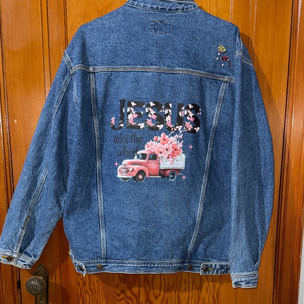 Sunbelt sportswear Jean Jacket with embroidery Floral Truck design.